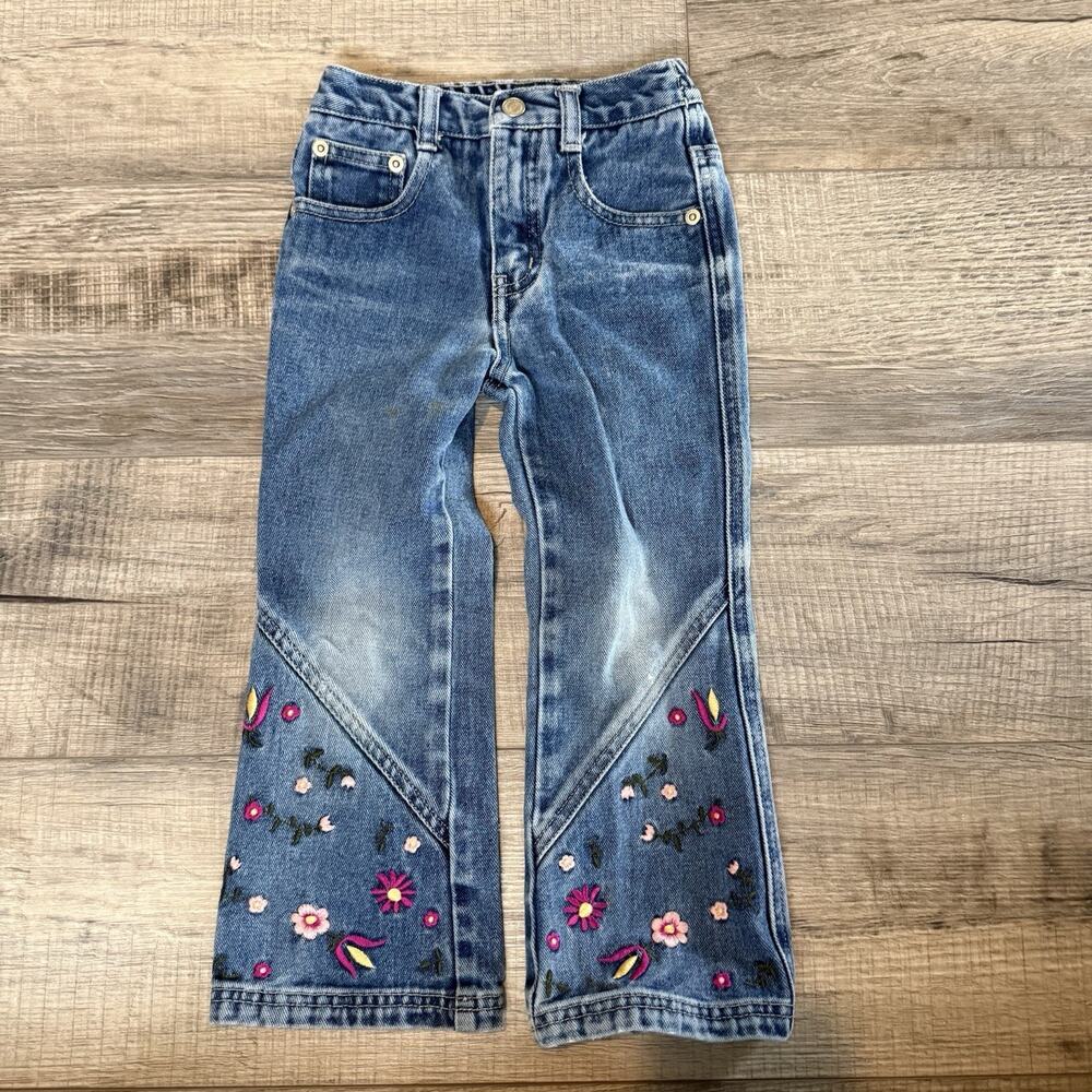 VTG Toddler 4T XS Girl Jeans Y2K Embroidered Floral Flare Denim Hippie Arizona